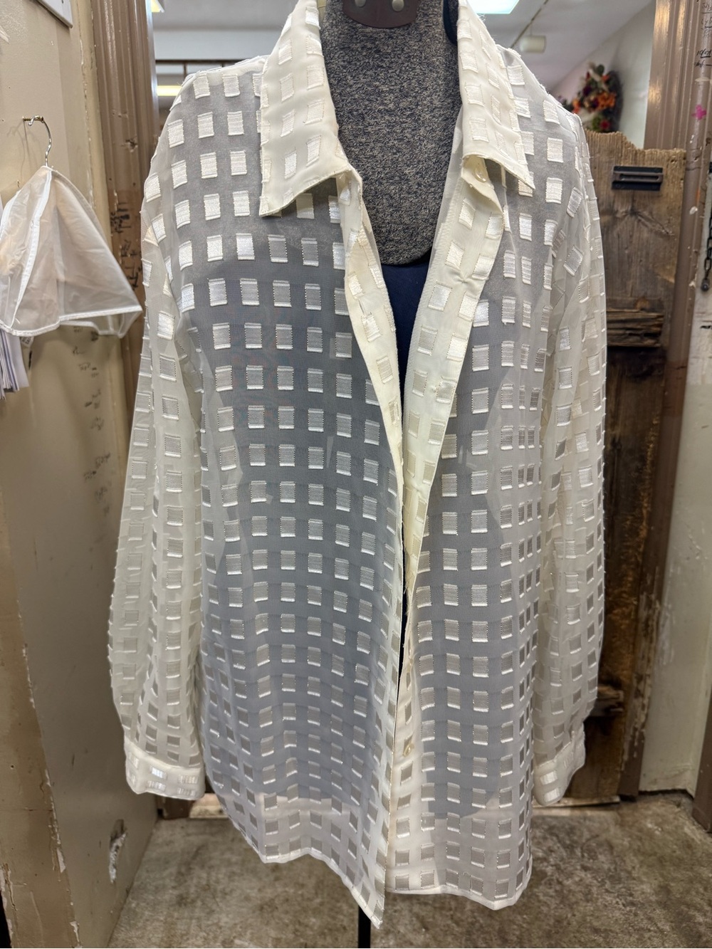 Source Unknown Ivory Sheer Check Windowpane Shirt Jacket